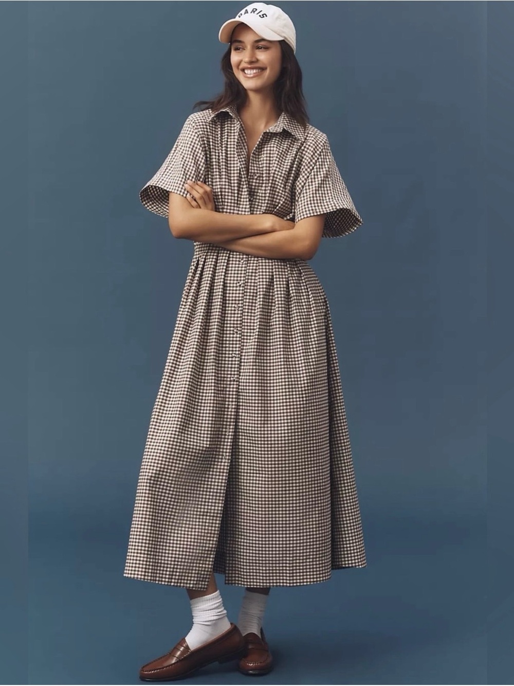 Anthropologie Exquise Tobie Studded shirt dress in brown and white gingham. S. - Picture 2 of 13